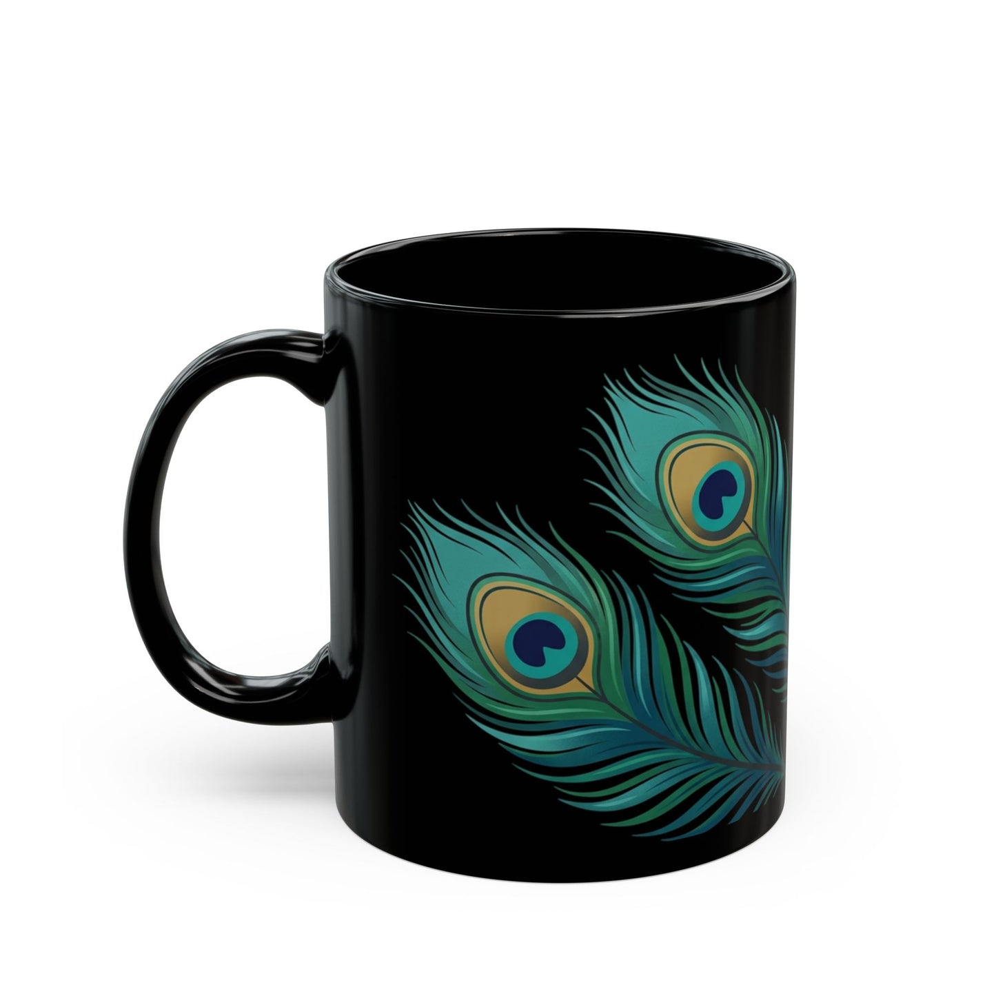 Peacock Feather Black Mug — Elegant 11oz/15oz Coffee Cup