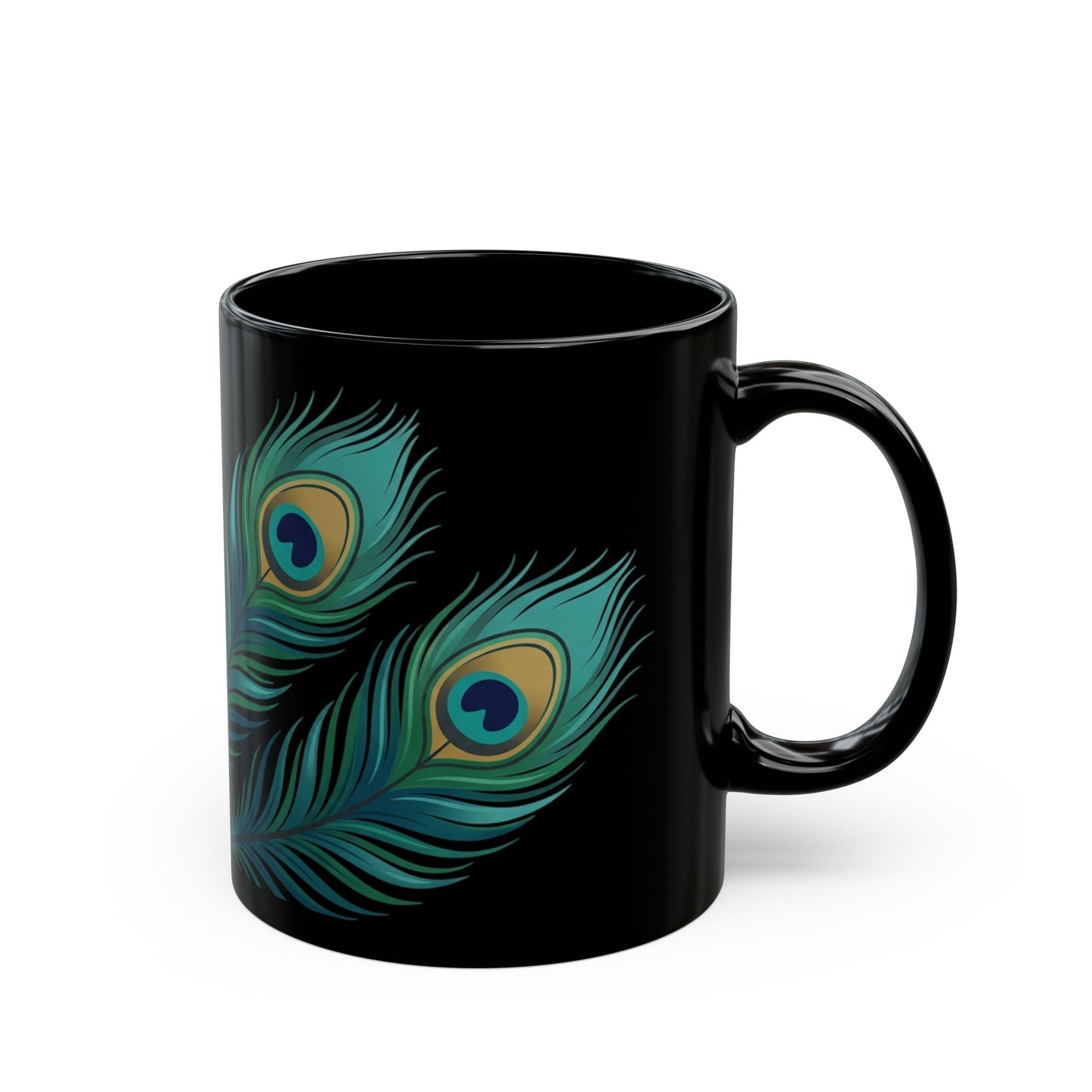 Peacock Feather Black Mug — Elegant 11oz/15oz Coffee Cup