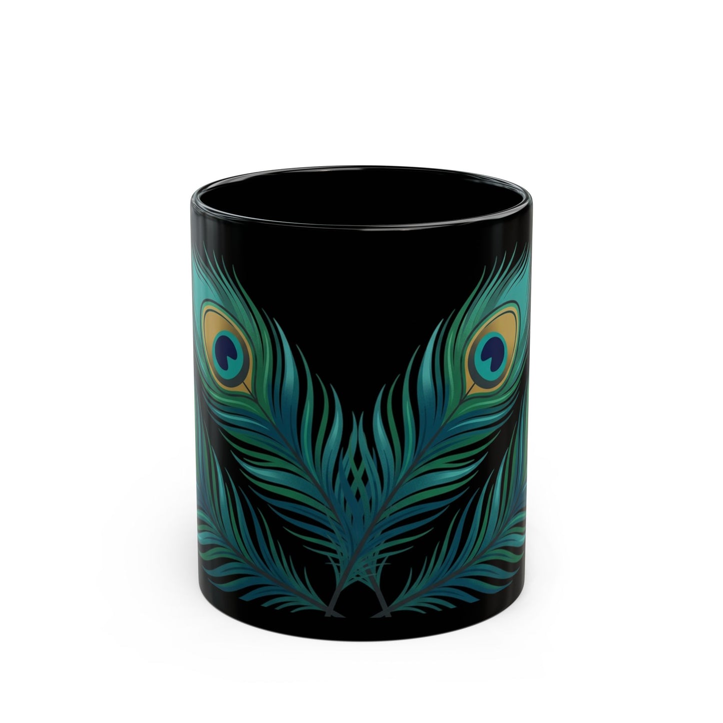 Peacock Feather Black Mug — Elegant 11oz/15oz Coffee Cup